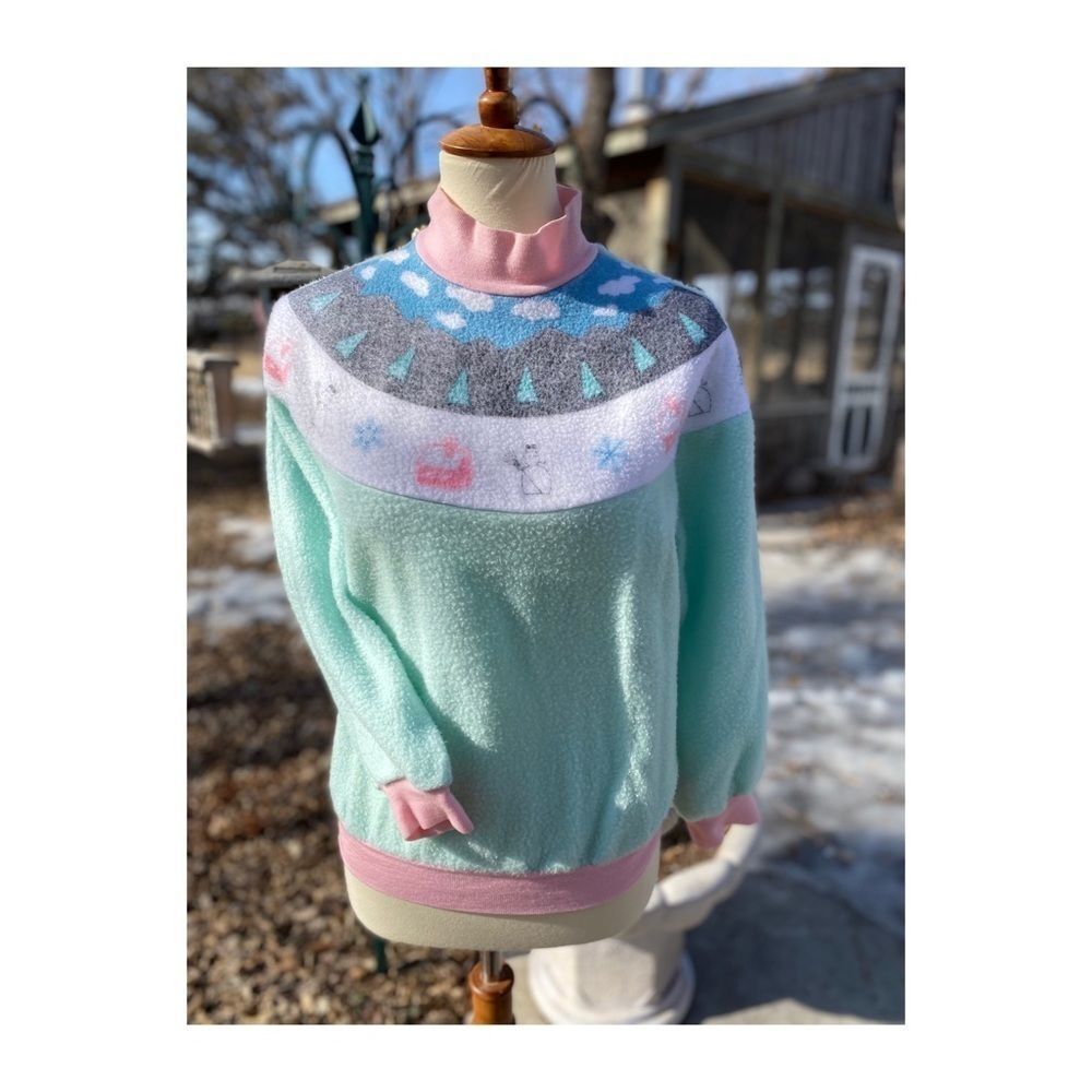 Vtg Pastel Fleece Sweater Snowflakes Fairy Kai